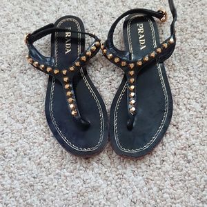 Prada Black Gold Studded Thong Sandals